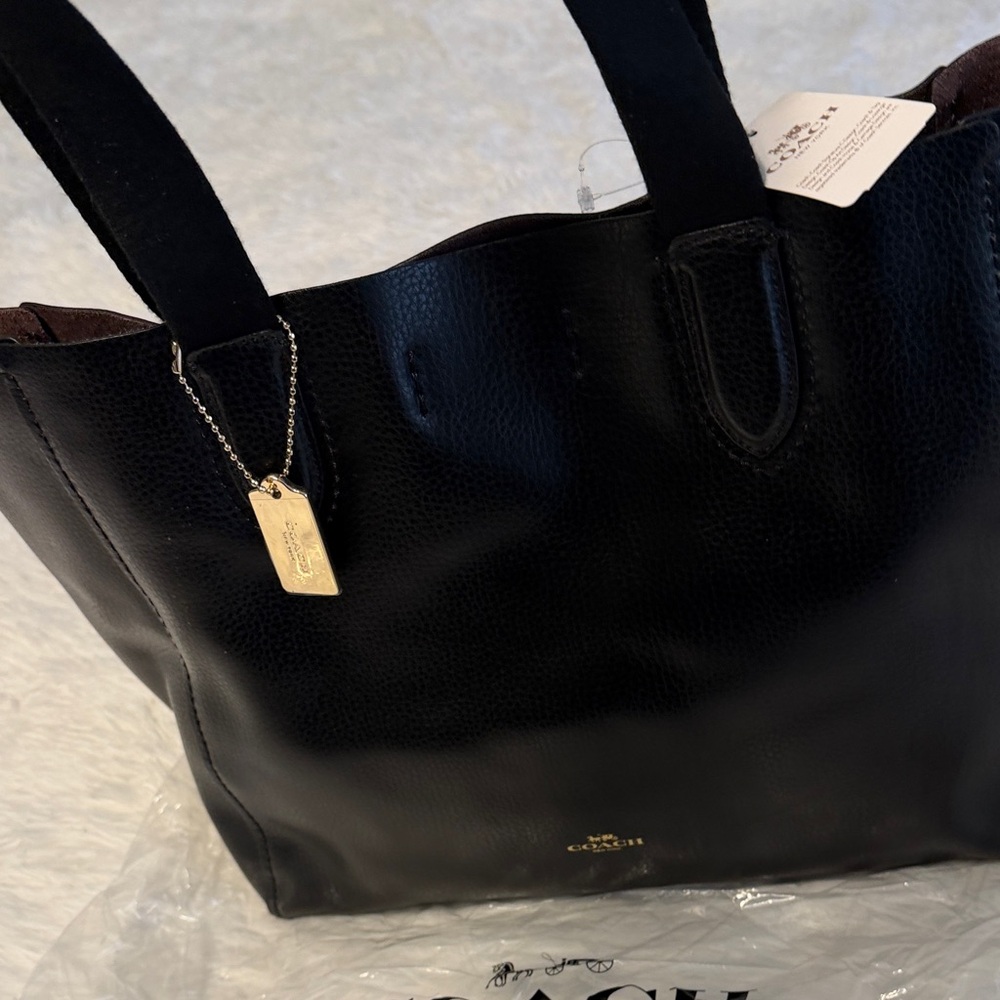 Coach Black Leather Tote with Gold Accents